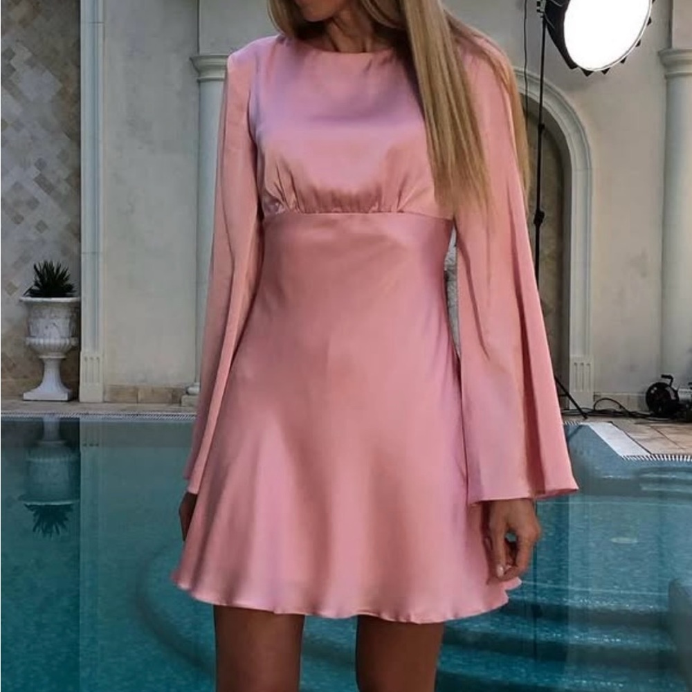 Satin Pink Mini Dress with Flared Sleeves